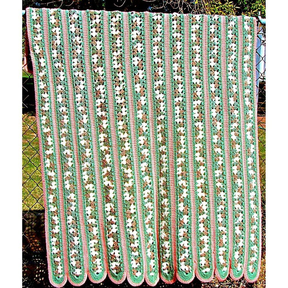 Vintage Afghan Throw Blanket Scalloped Edge Hand Crochet Peach Greens Tan 68x52